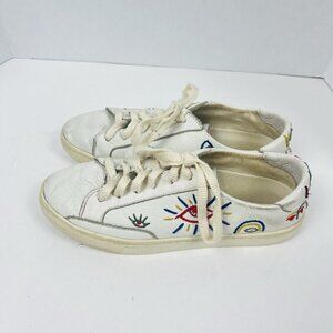 Soludos Ibiza Look Sneakers Embroidered Leather Evil Eye Rainbow White US 7 Boho